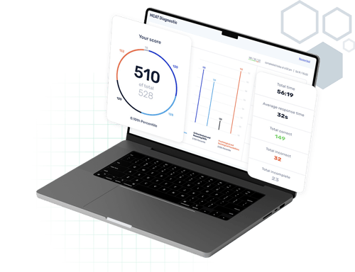 Student holding a laptop with MCAT Practice Exam stats