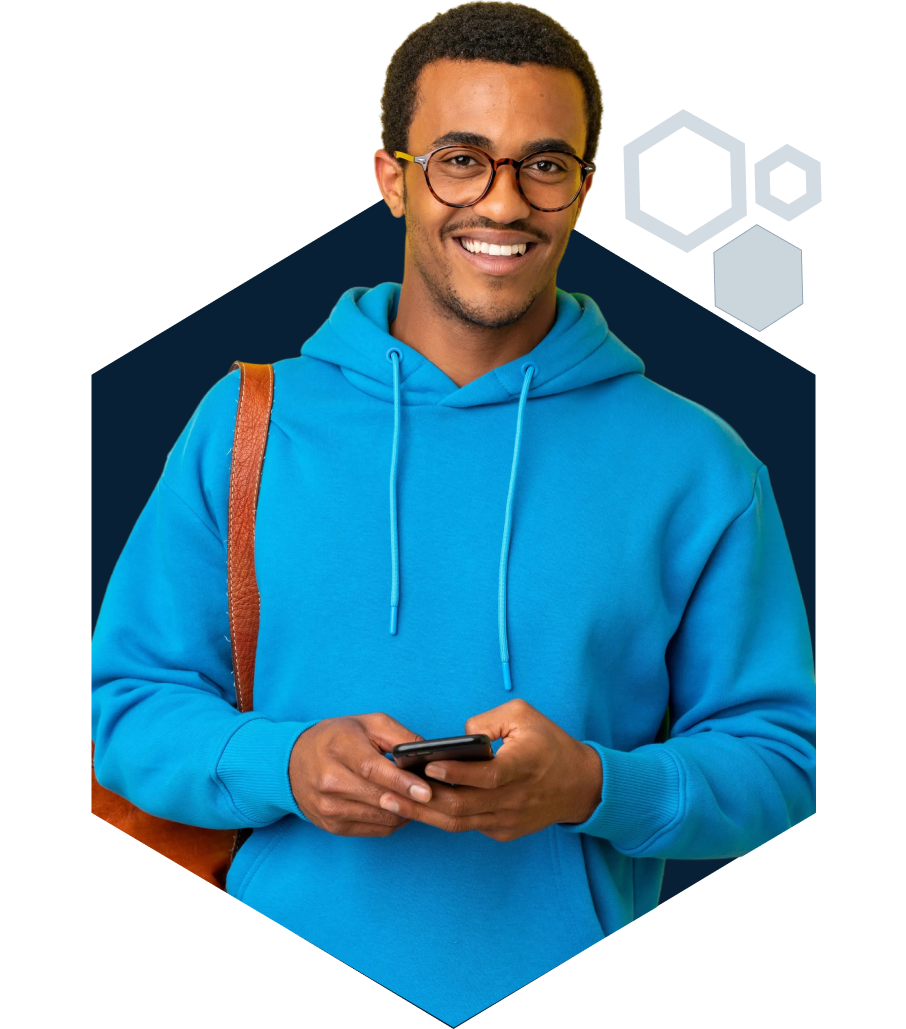 College student in blue sweatshirt