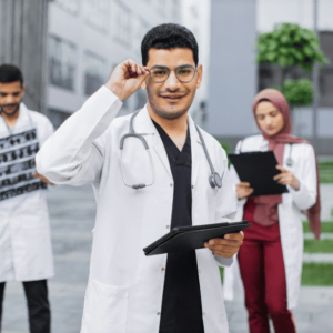 three doctors outside of a medical center