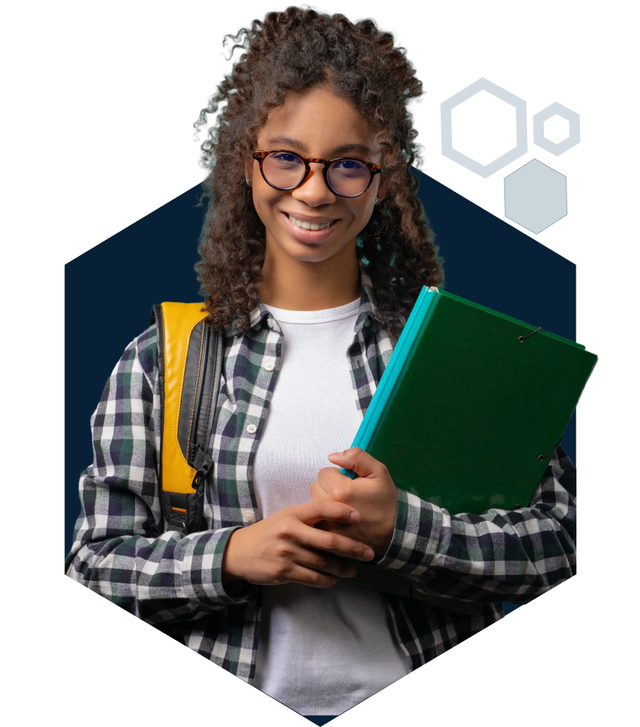 High school student in plaid holding books.