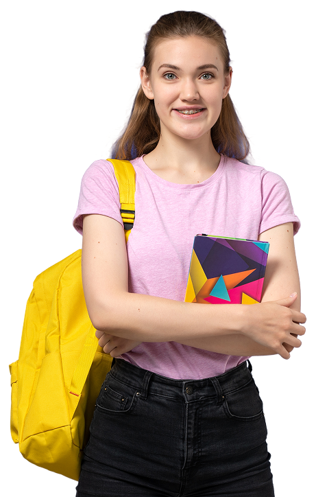 High school student with bag and books.