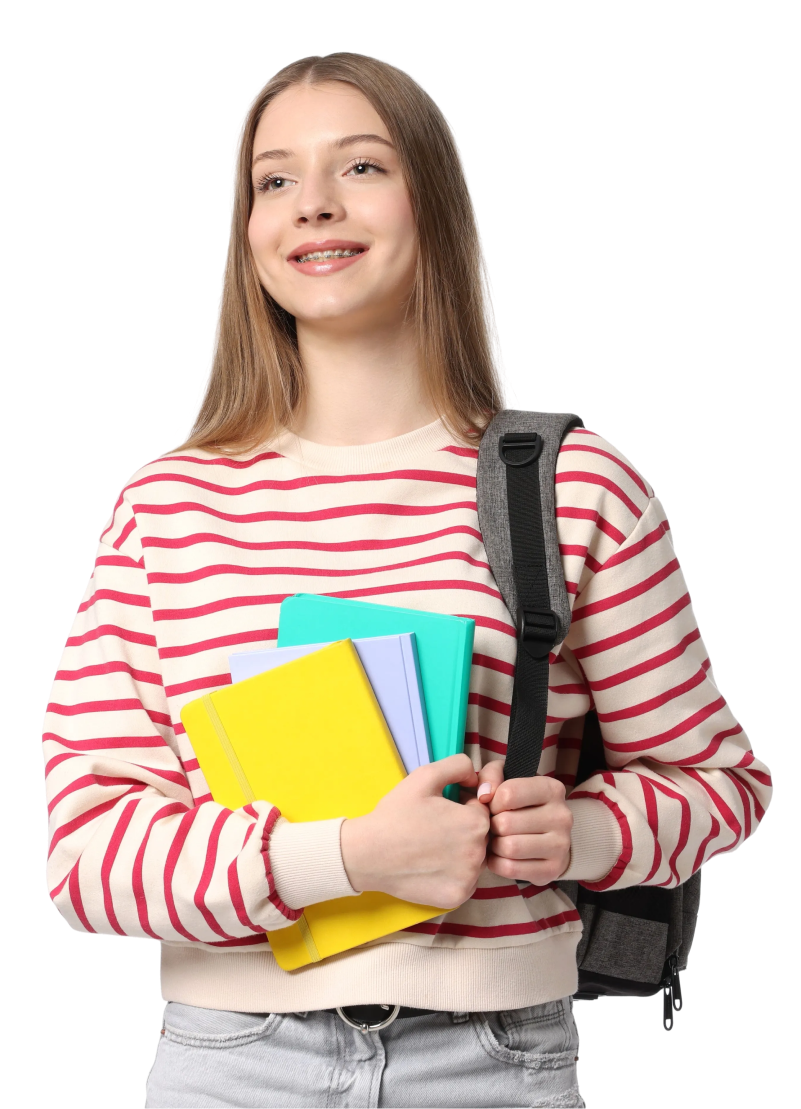 High school student with striped shirt and books.