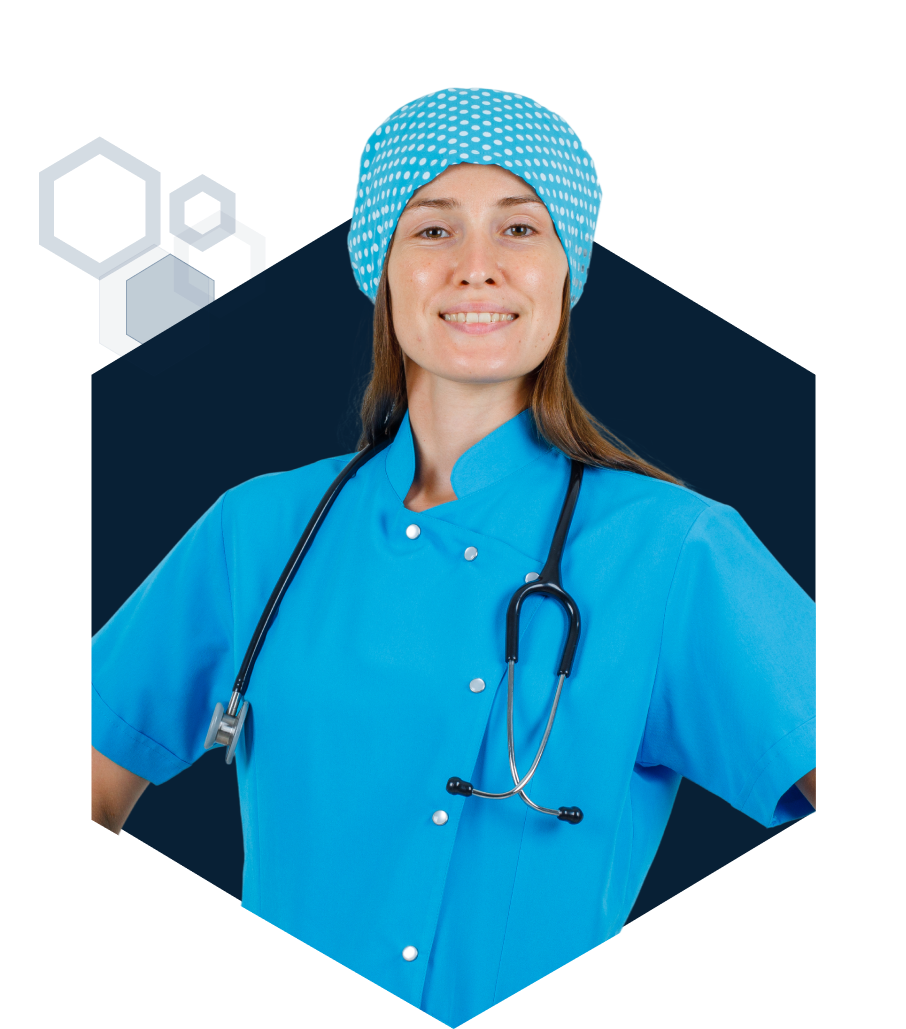 Medical student in blue scrubs and cap
