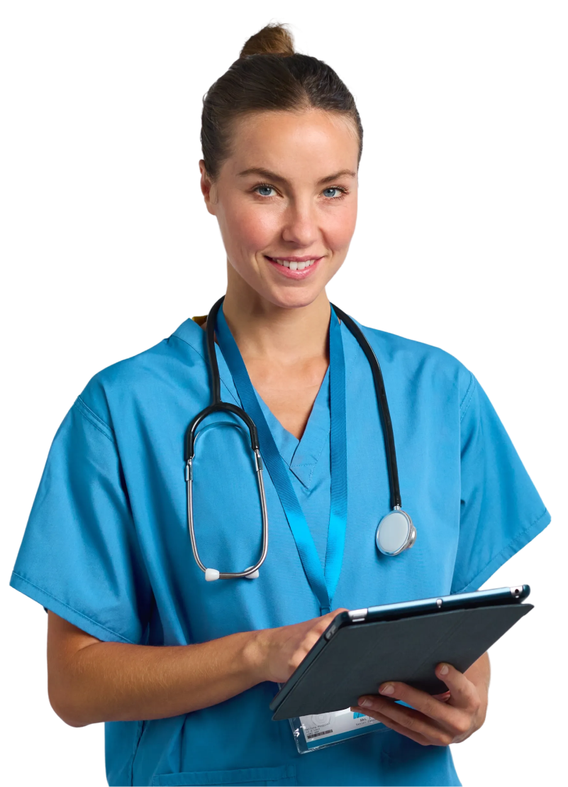 Medical student with blue scrubs and clipboard.
