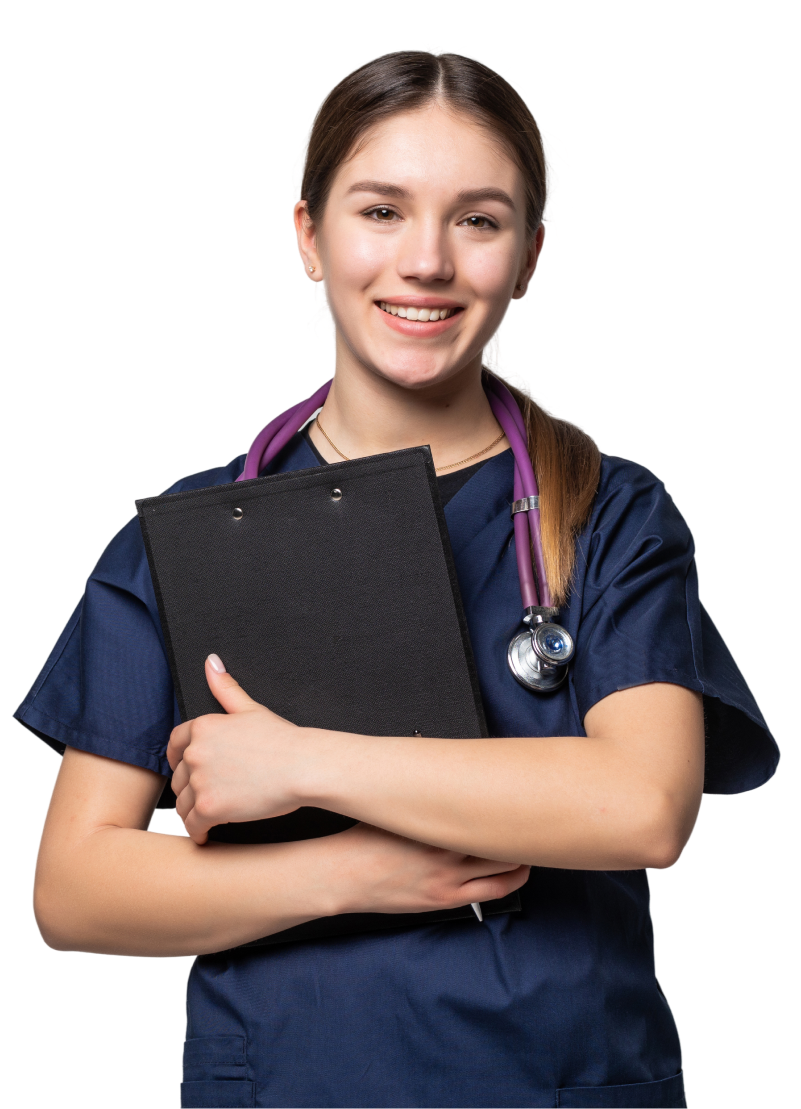 Medical student with clipboard and stethoscope.