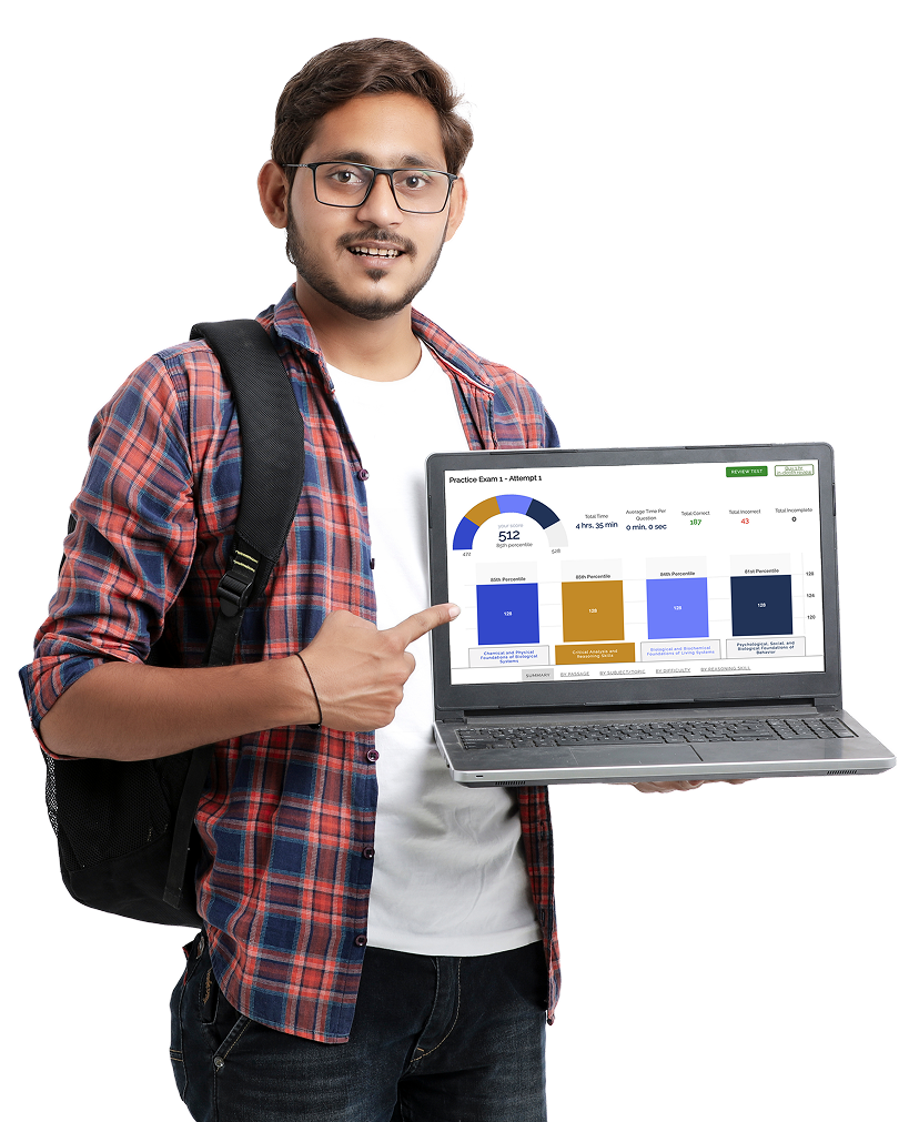 Student holding a laptop with MCAT Practice Exam stats