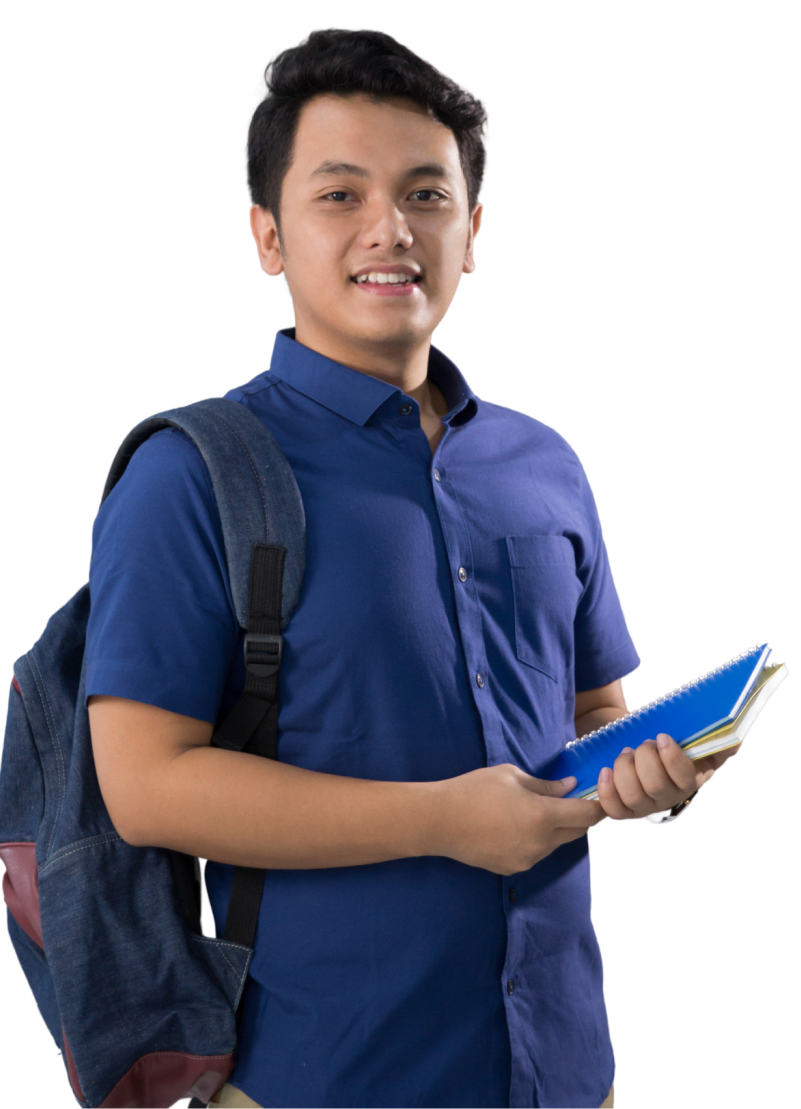 Student in blue shirt with backpack