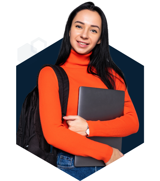 College student in orange sweater.