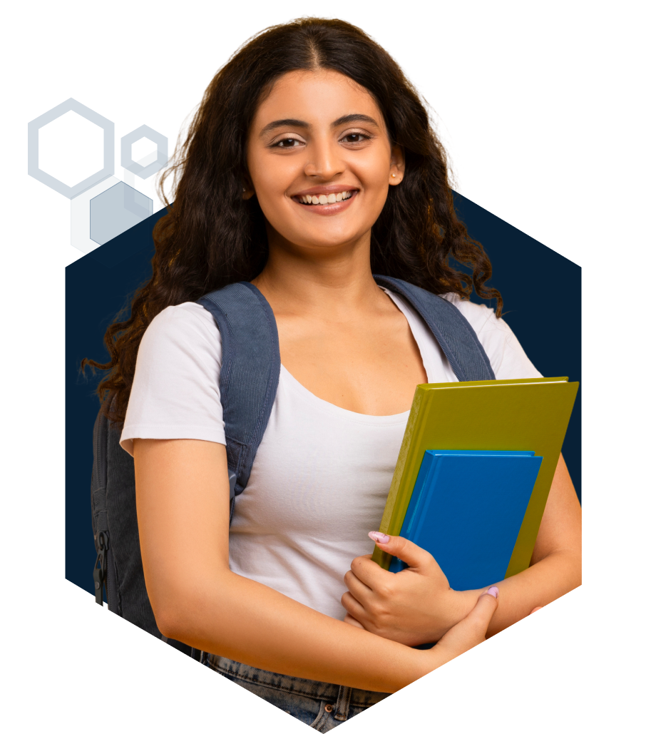 Woman at school carrying a backpack and notebooks