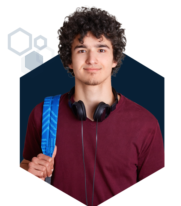 Student with red shirt and headphones