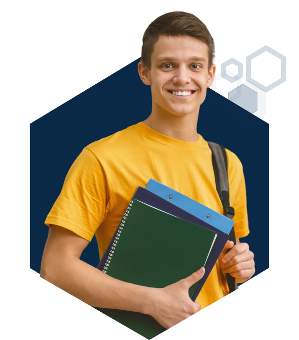College student in yellow tshirt holding books.