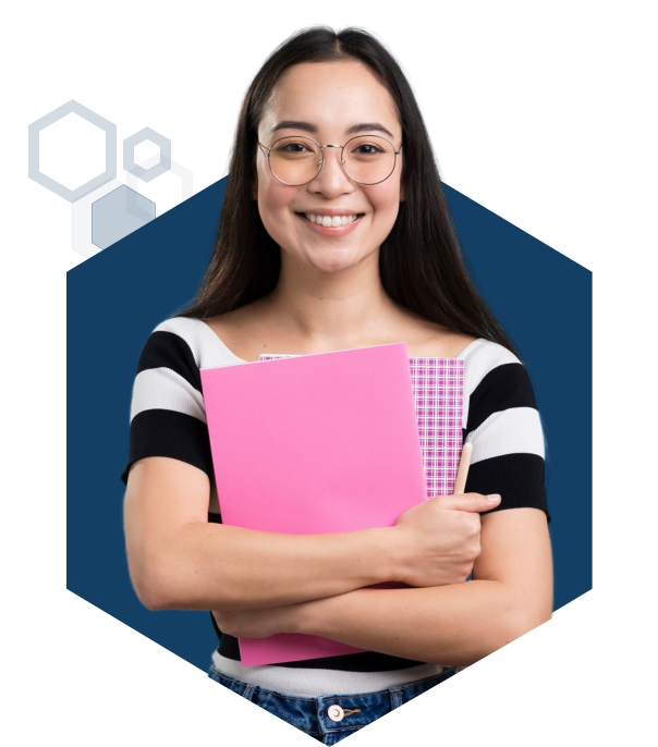 College student holding pink binder.