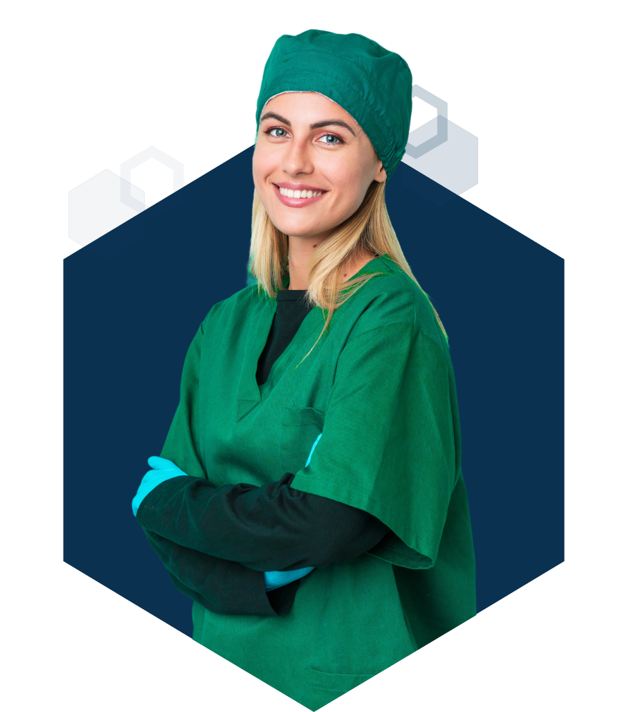 Medical student in green scrubs