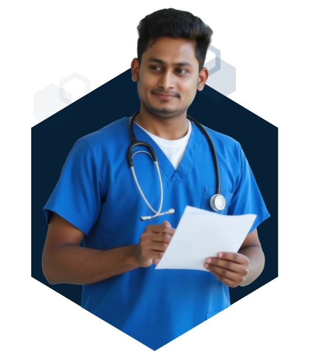 Medical student holding a notebook.