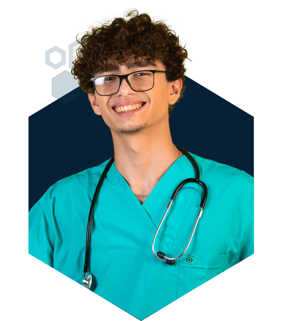 Young man wearing blue scrubs with a stethoscope