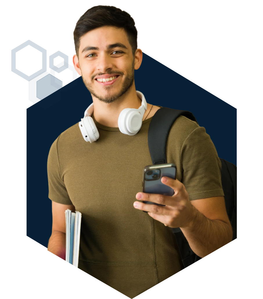 Young man going to school with a backpack, headphones, notebook, and phone.