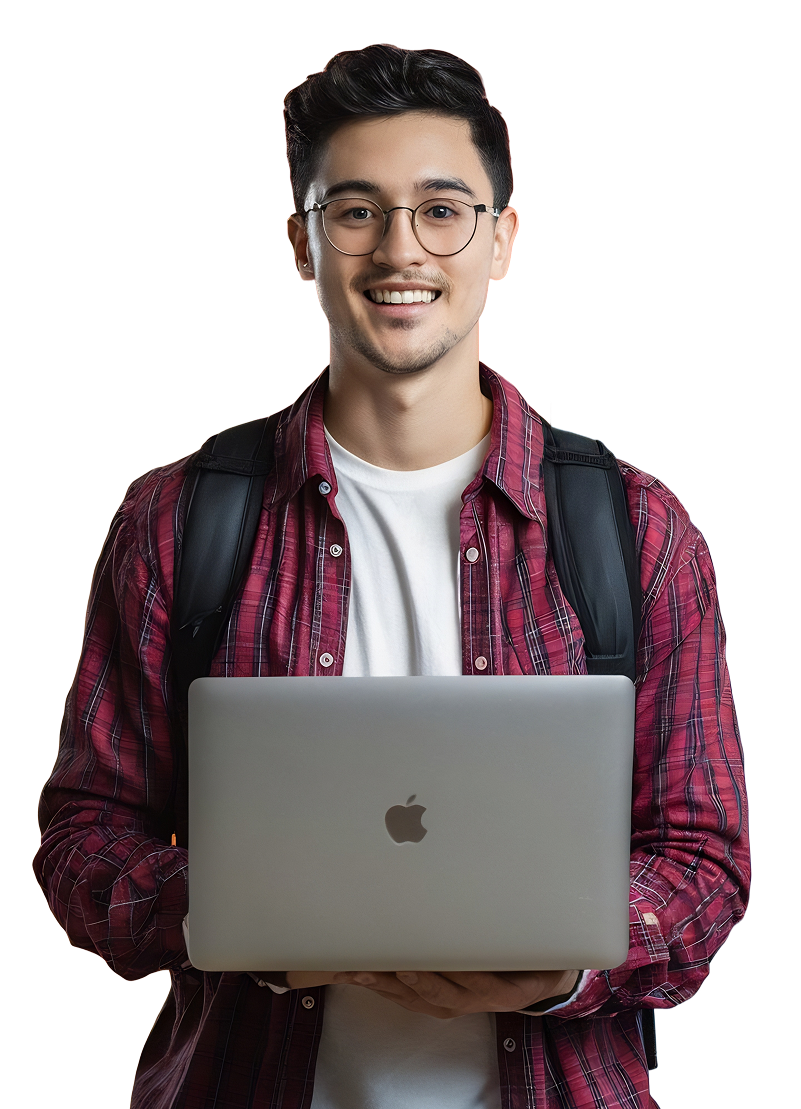 Medical student with red flannel and a laptop