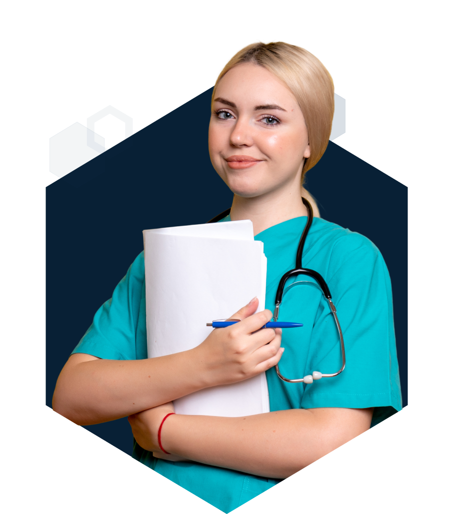 Medical school student holding papers and a pen in her arms