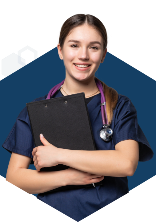 Medical student with arms folded over clipboard